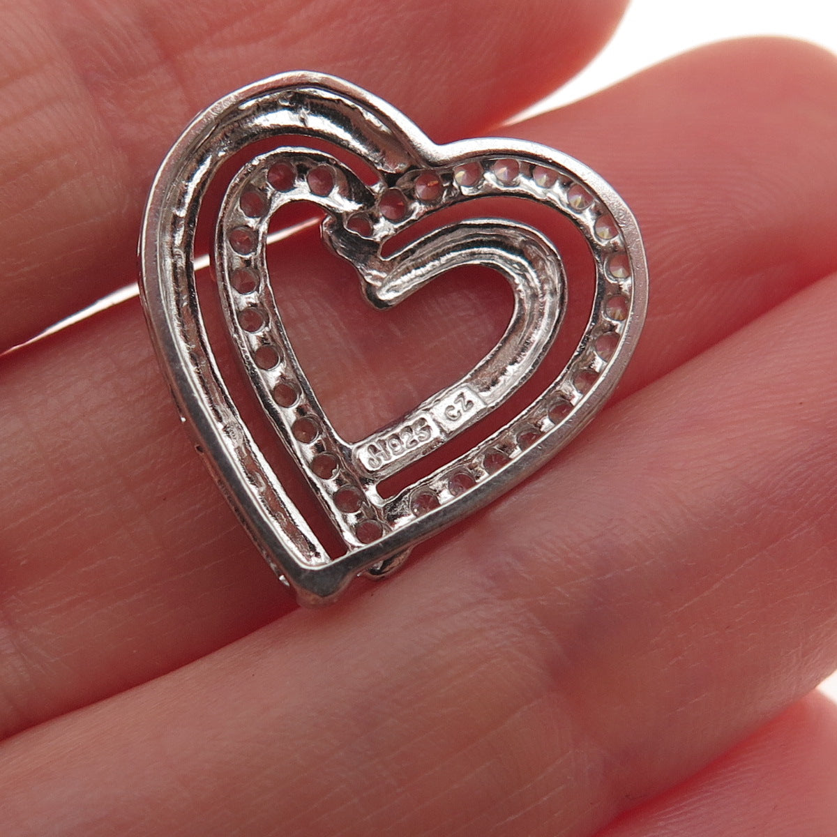 JH Young 925 Sterling Silver Round-Cut C Z Double Heart Mini Slide Charm Pendant