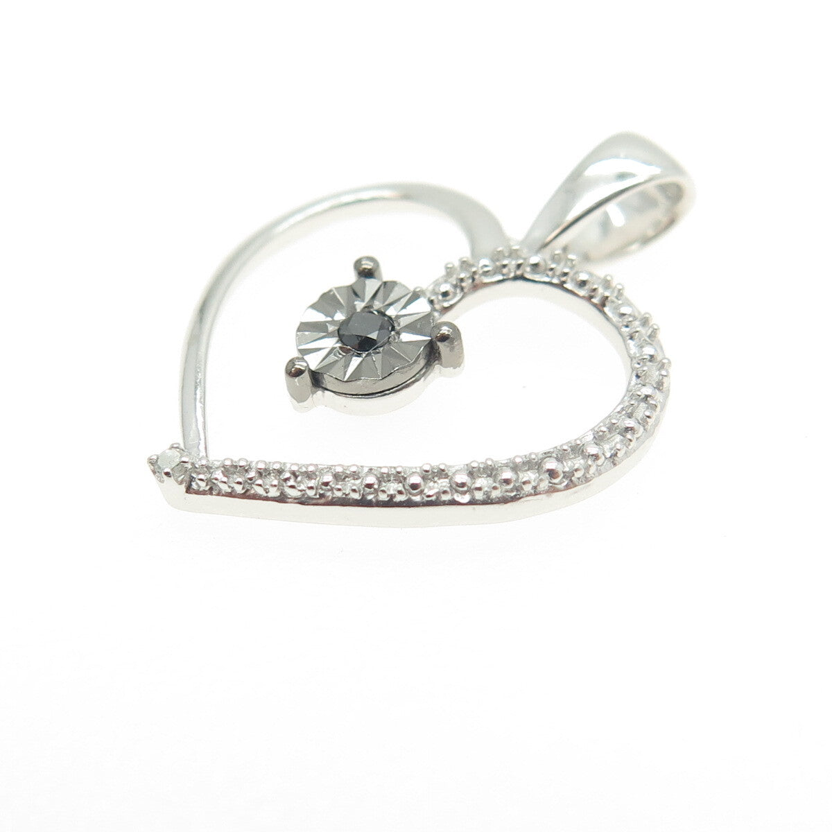 HAN 925 Sterling Silver Real Round-Cut White & Black Diamond Heart Pendant