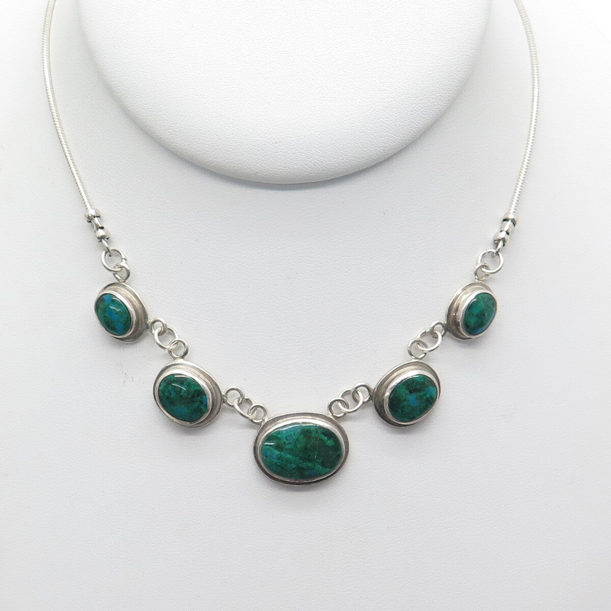 925 Sterling Silver Vintage Real Cabochon Azurite Snake Chain Necklace 16"
