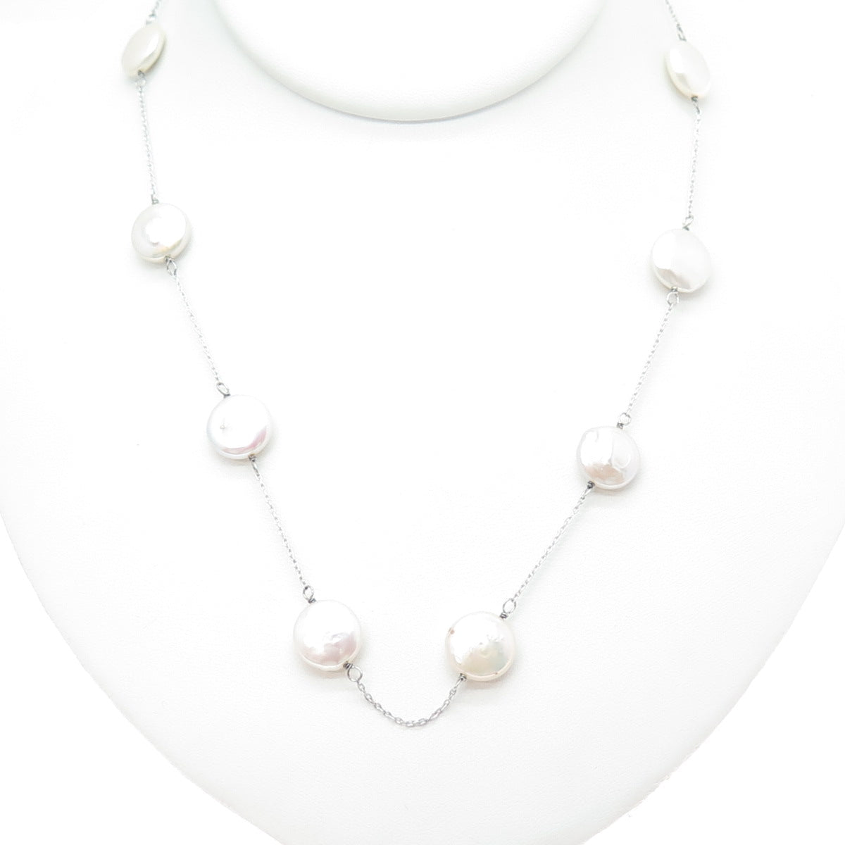 925 Sterling Silver Vintage Real Pearl Station Cable Chain Necklace 18"
