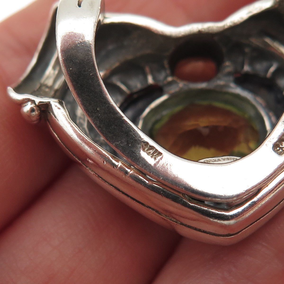 SAMUEL BENHAM Sterling Silver 14K Gold Vintage Real Peridot Heart Slide Pendant