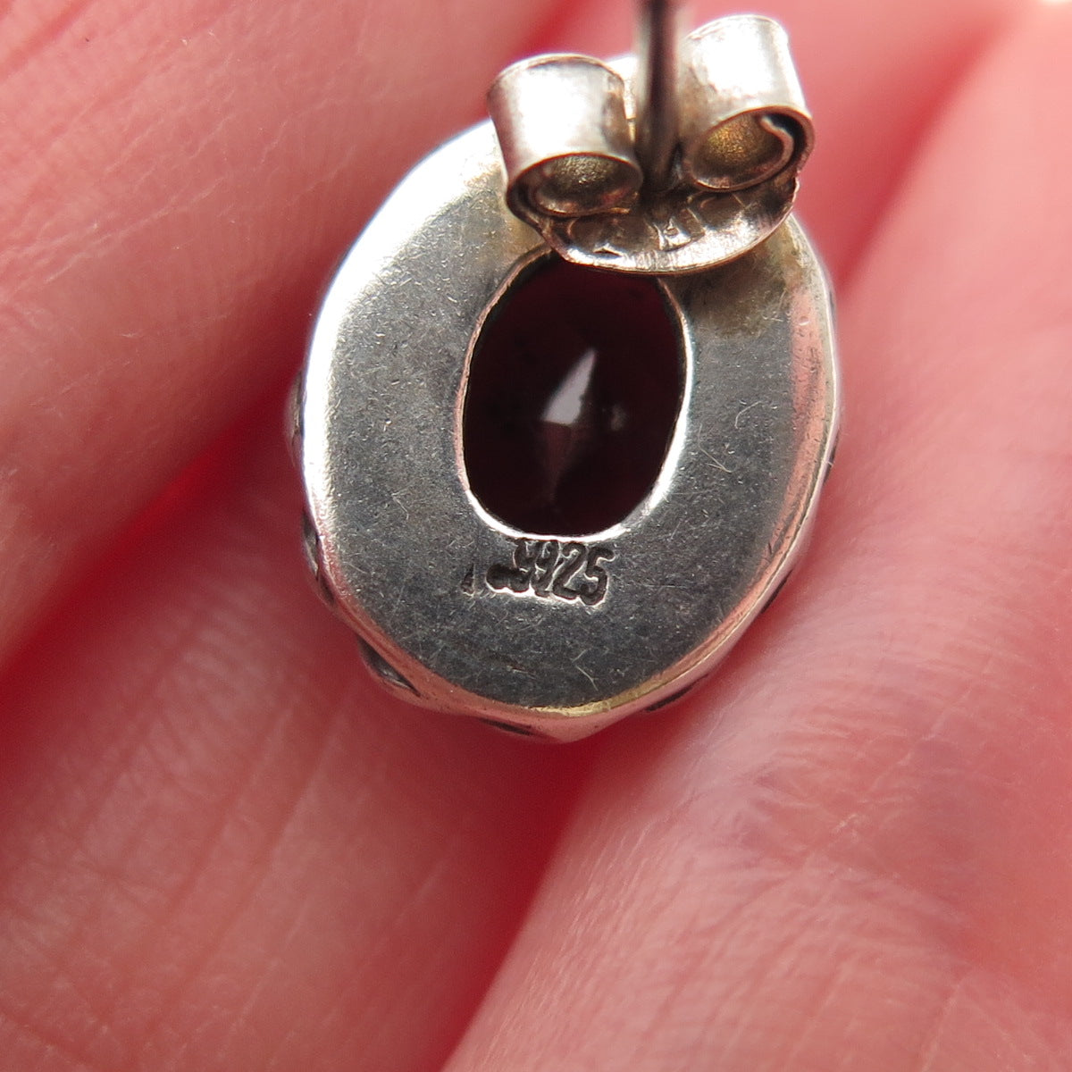 925 Sterling Silver Vintage Real Red Garnet Oxidized Stud Earrings
