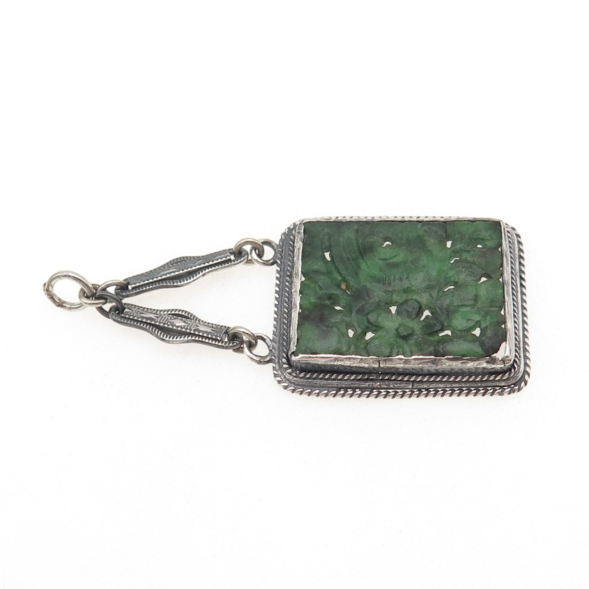 925 Sterling Silver Antique Art Deco Real Jade Carved Floral Chatelaine Pendant