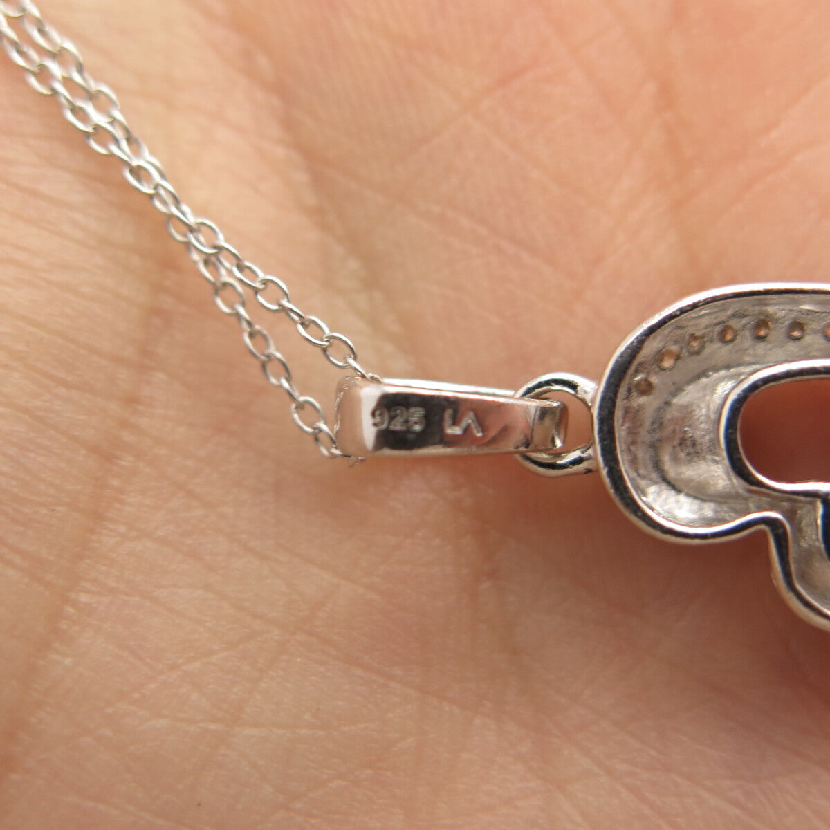 925 Sterling Silver Real White Diamond Open Double Heart Rolo Chain Necklace 16"