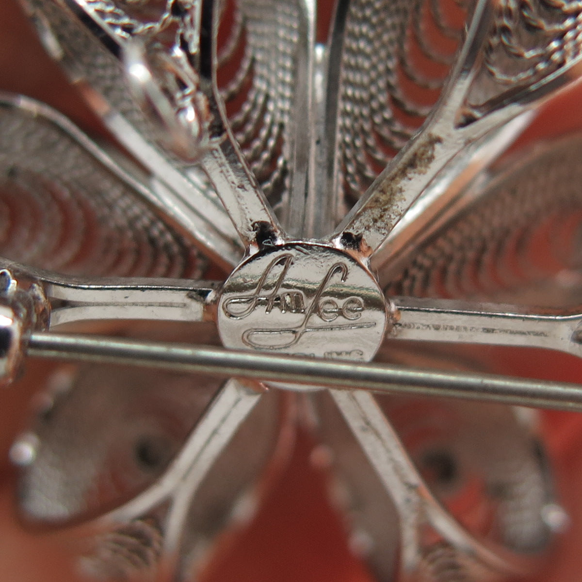 AM LEE Sterling Silver Antique Art Deco Rhinestone Flower Filigree Pin Brooch