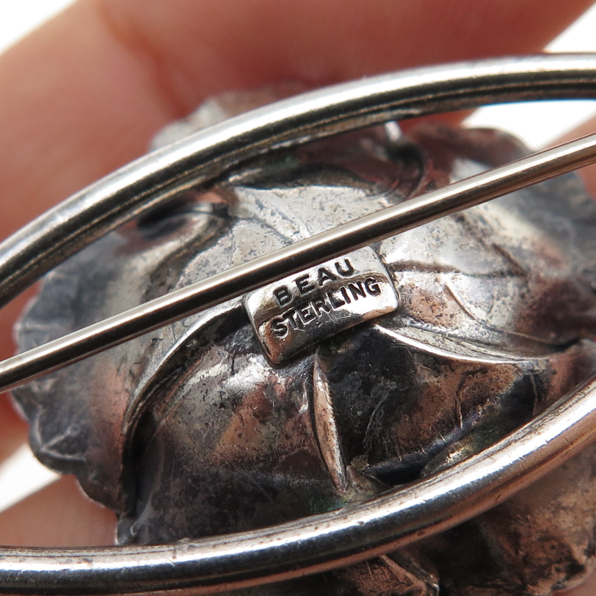 BEAU 925 Sterling Silver Antique Art Deco Flower Blossom Oxidized Pin Brooch