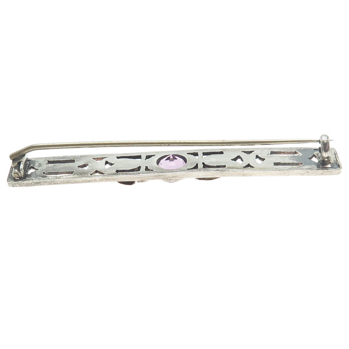 800 Silver Antique Victorian Real Amethyst Flower Bar Pin Brooch