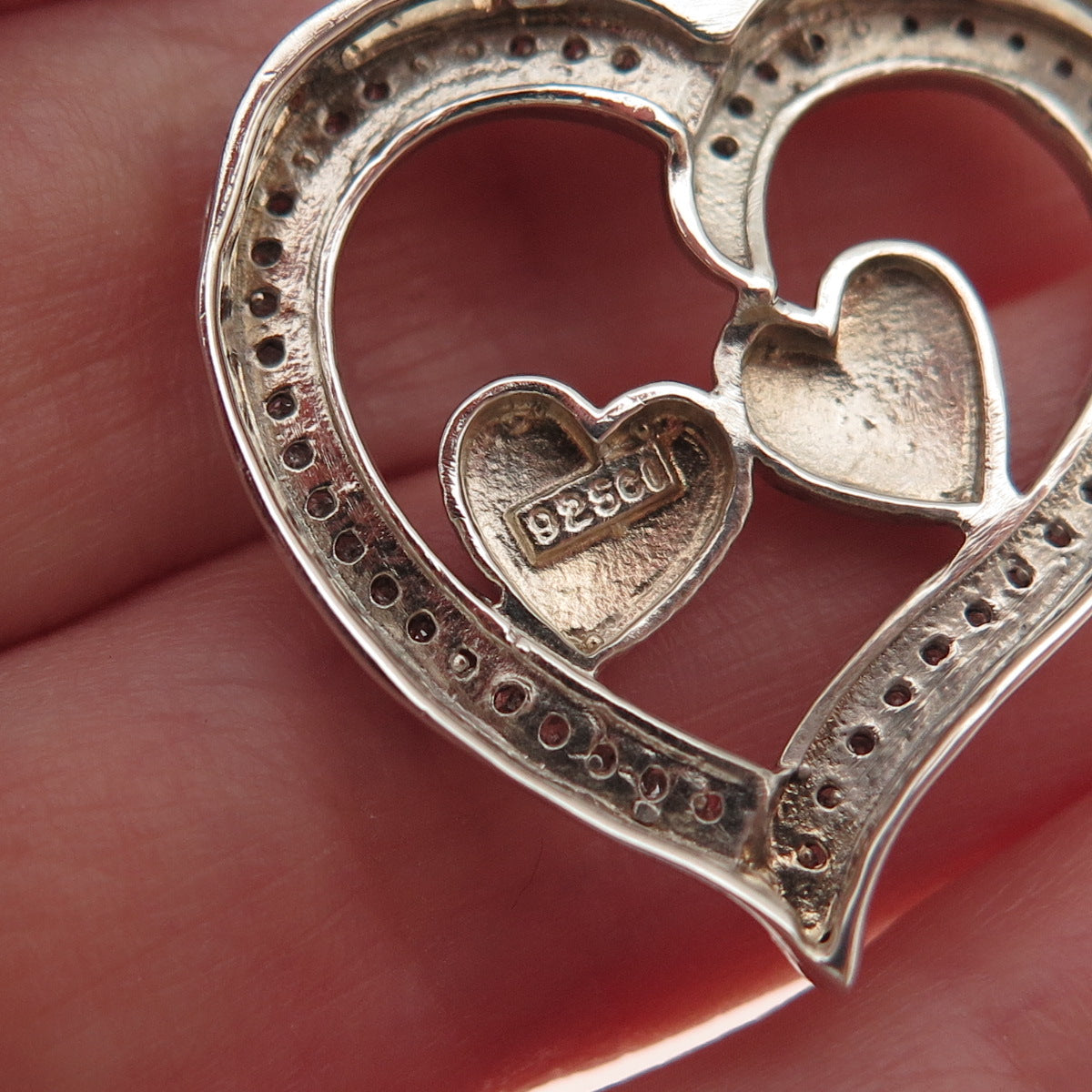 925 Sterling Silver Real Round-Cut Diamond Couple Heart Charm Pendant