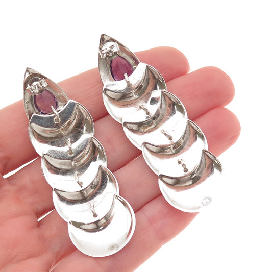 925 Sterling Silver Vintage Real Amethyst Modernist Oxidized Dangle Earrings