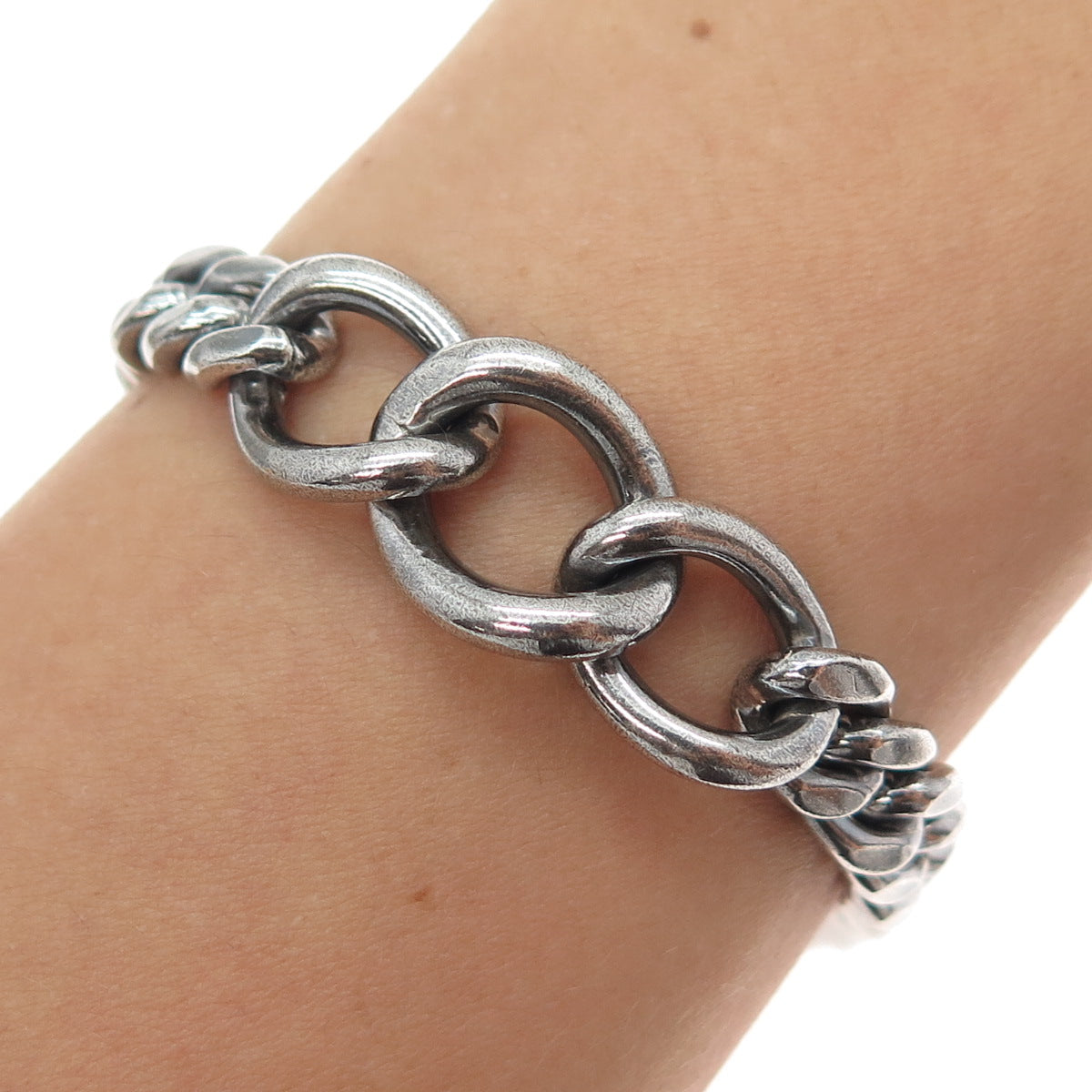 925 Sterling Silver Vintage Mexico Curb & Cuban Link Oxidized Bracelet 7"