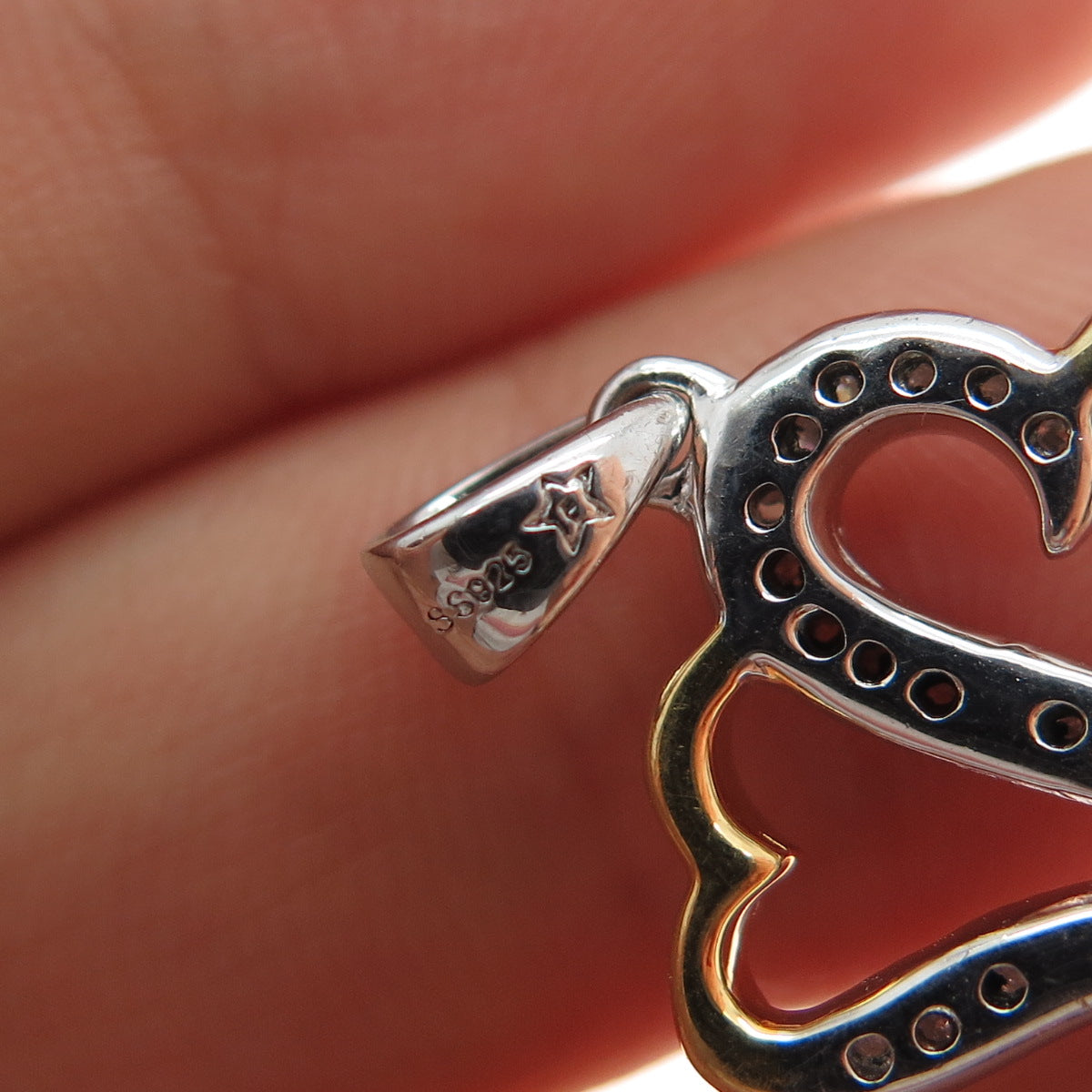 925 Sterling Silver 2-Tone Real Round-Cut Diamond Couple Heart Key Charm Pendant