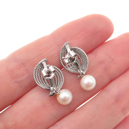 925 Sterling Silver Antique Art Deco Real Pearl Oxidized Earrings
