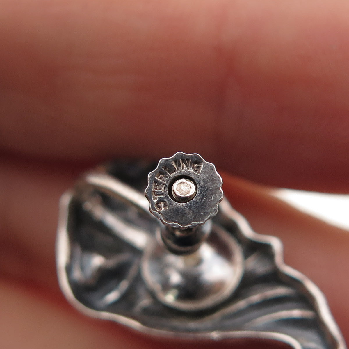 925 Sterling Antique Art Deco Lily Flower Repousse Oxidized Screw Back Earrings