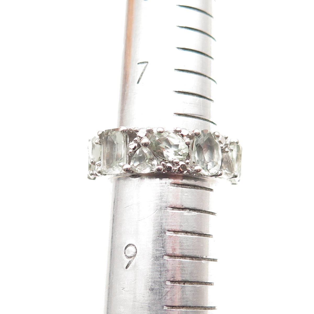 925 Sterling Silver Real Multi-Cut Green Amethyst Cluster Band Ring Size 8.25