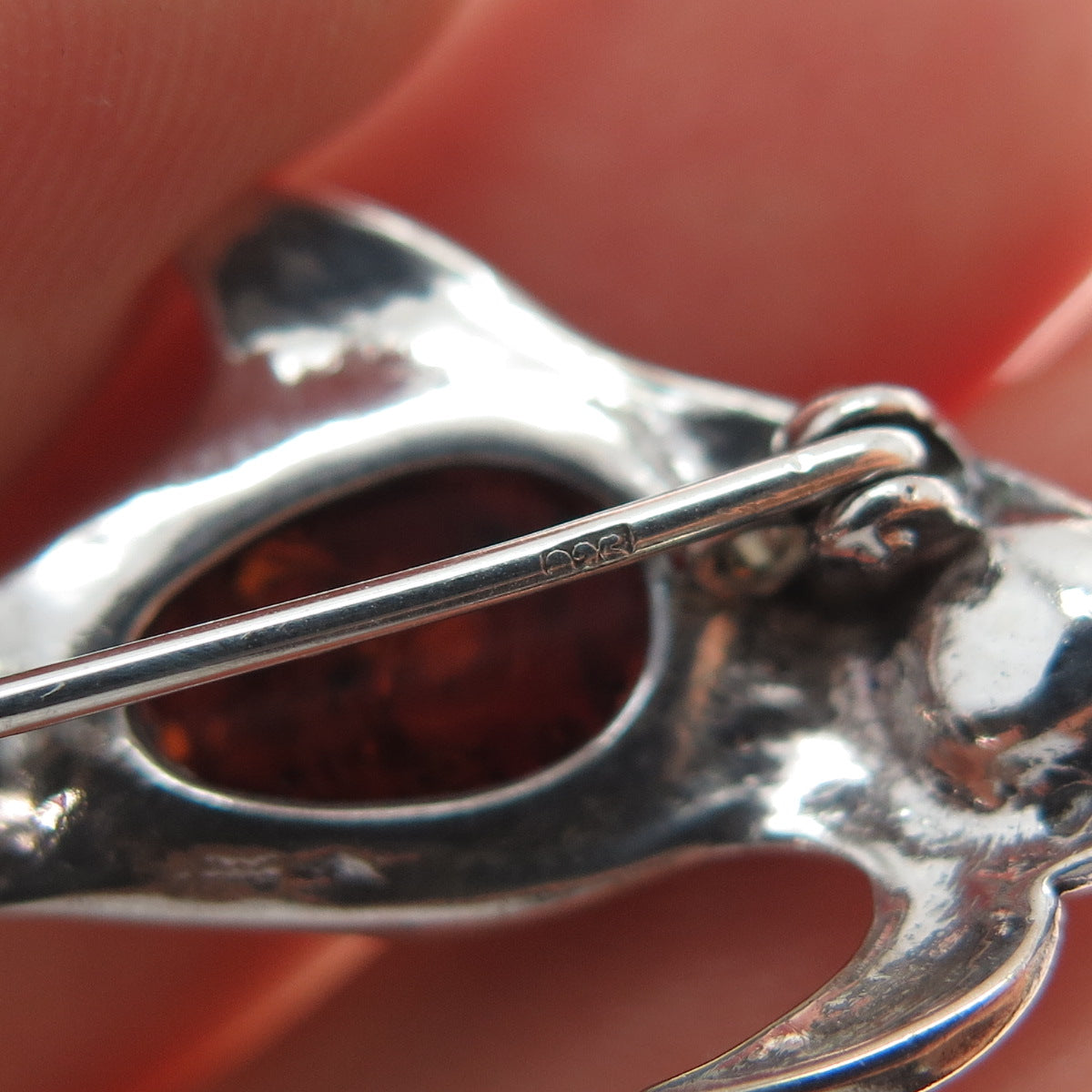 925 Sterling Silver Vintage Real Amber Dolphin Oxidized Pin Brooch