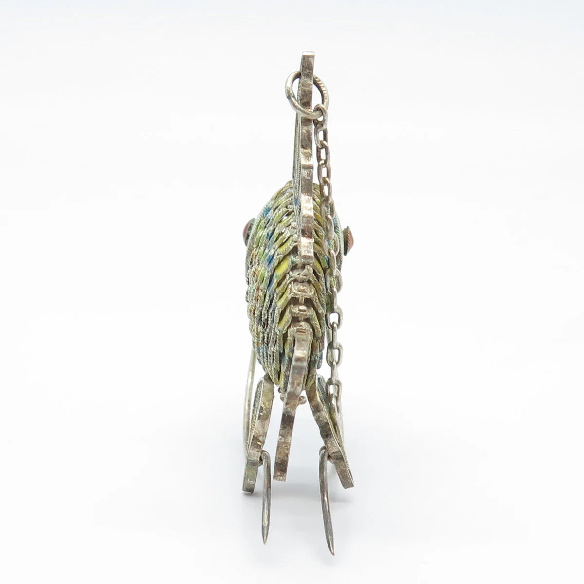 925 Sterling Silver Antique Enamel Chinese Fish Articulated Chatelaine Fob