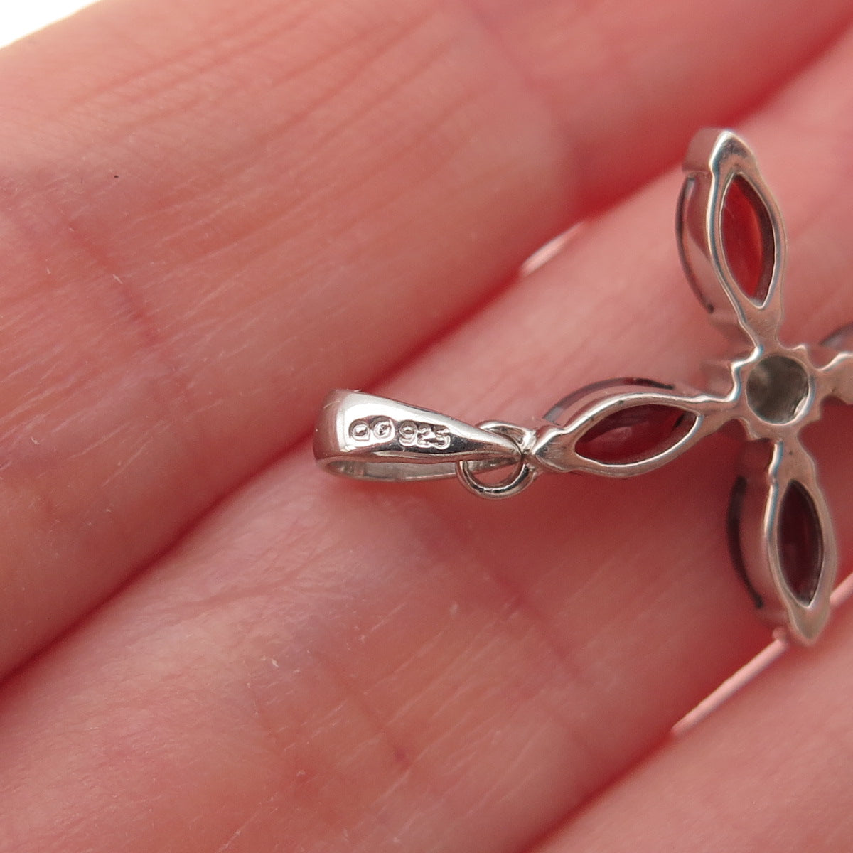 925 Sterling Silver Real Diamond Accent & Red Garnet Cross Charm Pendant