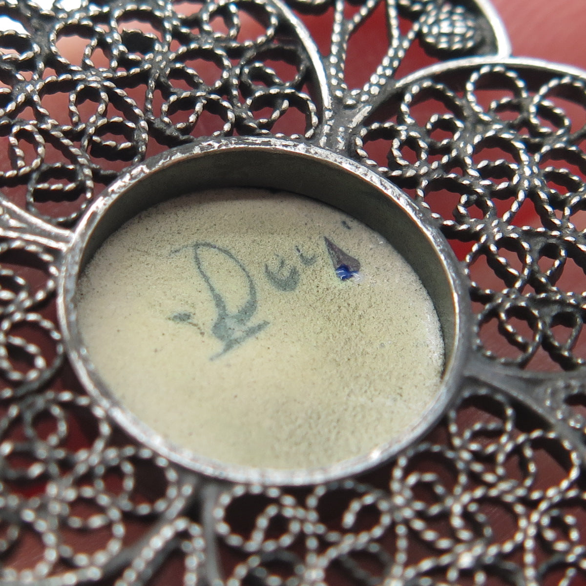 DELFT 835 Silver Vintage Netherlands Ceramic Old Mill Filigree Pin Brooch