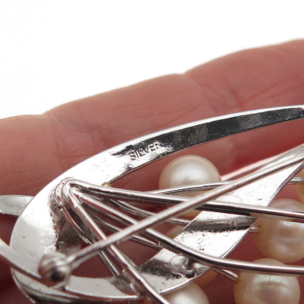 925 Sterling Silver Antique Japan Real Akoya Pearl Floral Pin Brooch