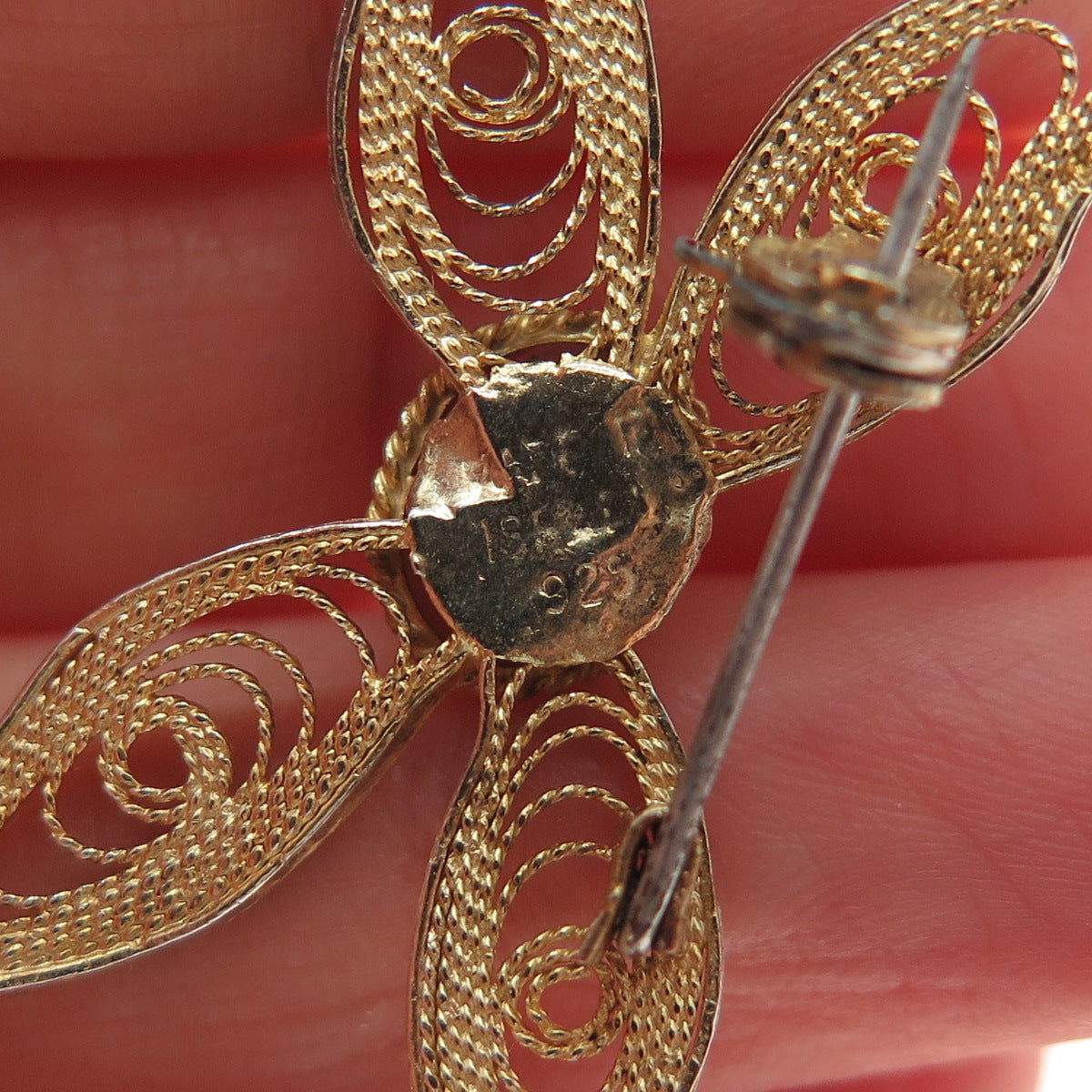 925 Sterling Gold Plated Vintage Israel Real MOP Butterfly Filigree Pin Brooch