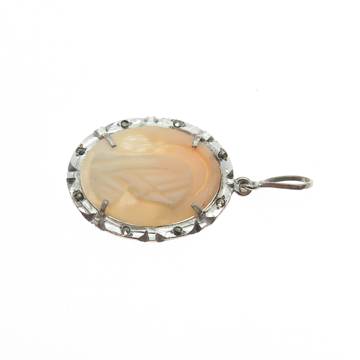 925 Sterling Silver Antique Art Deco Real MOP & Marcasite St. Mary Cameo Pendant