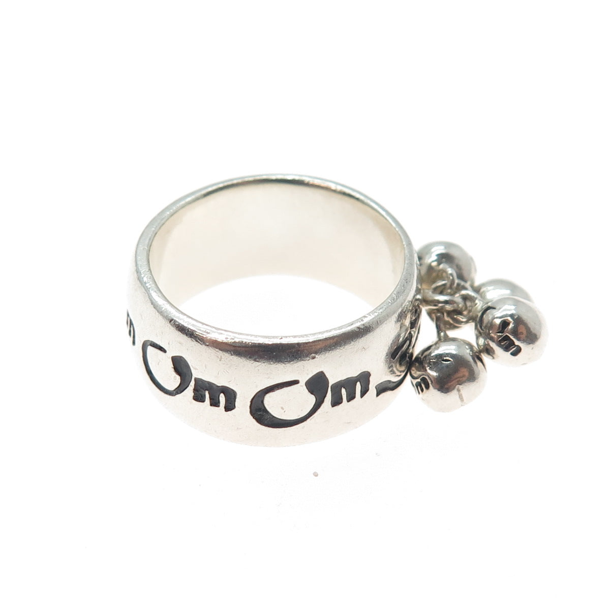 925 Sterling Silver Vintage Om Mantra Dangle Ball Beads Ring Size 6