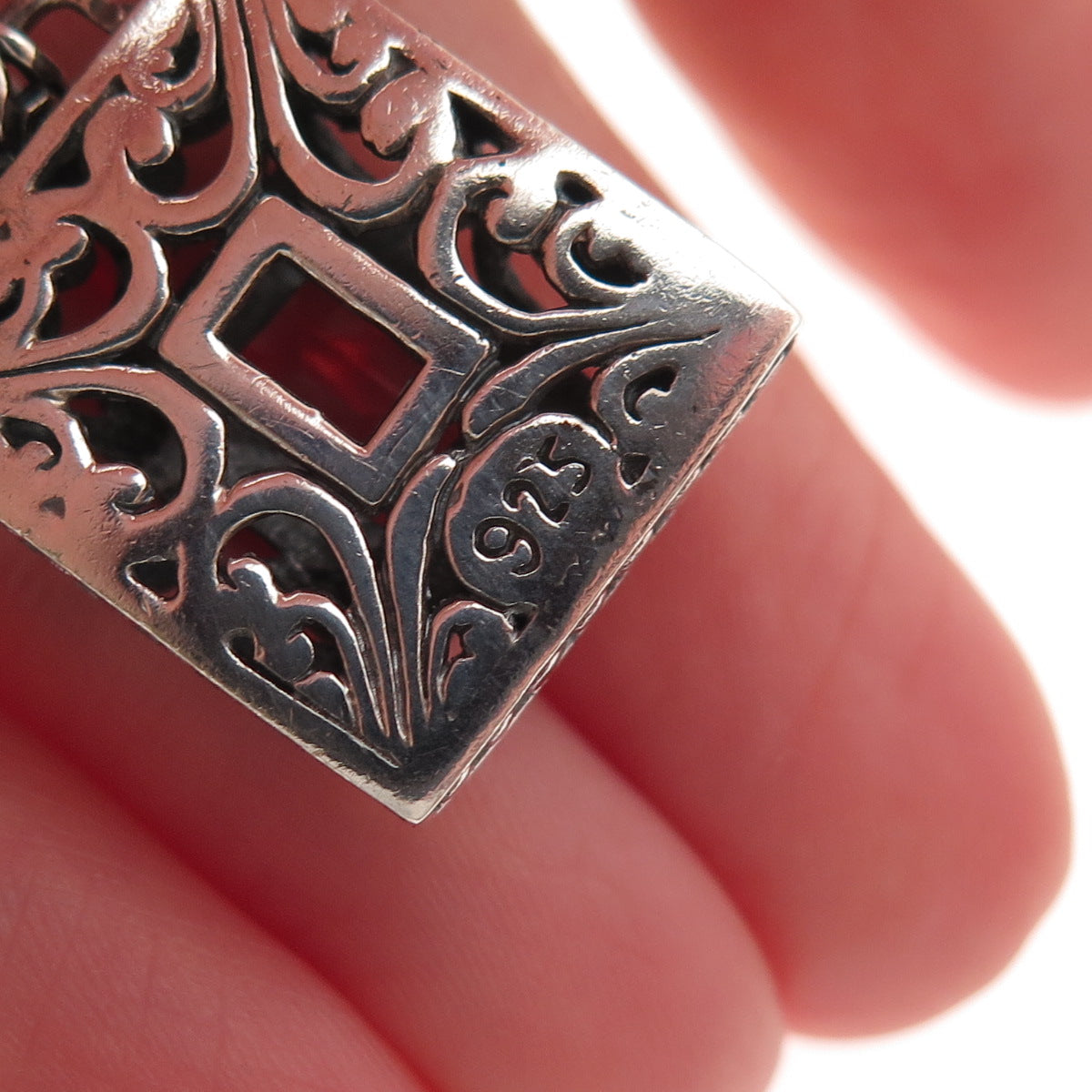 925 Sterling Silver Vintage Real Blue Topaz Floral Ornate Oxidized Charm Pendant