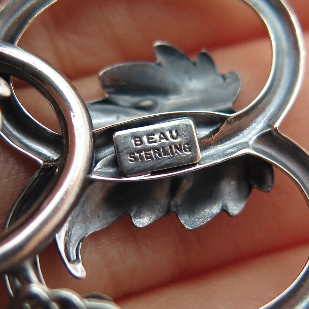 BEAU 925 Sterling Silver Antique Art Deco Floral Leaf Link Bracelet 6.75"