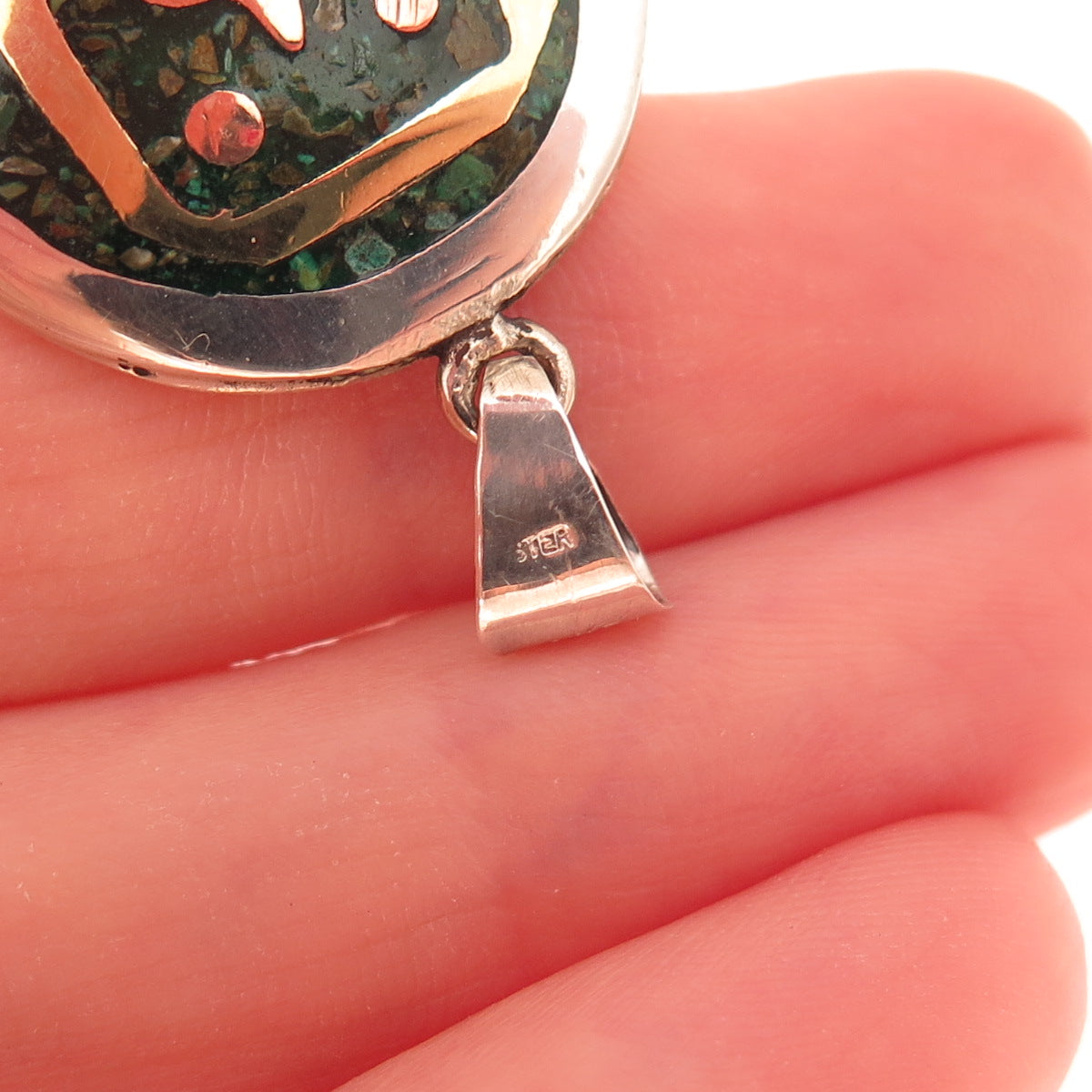 925 Sterling 3-Tone Vintage Real Turquoise Inlay Aztec Animal Charm Pendant