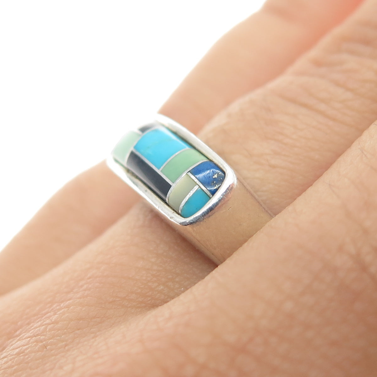 CAROLYN POLLACK Sterling Silver Vintage Turquoise Lapis Onyx & MOP Ring Size 6.5