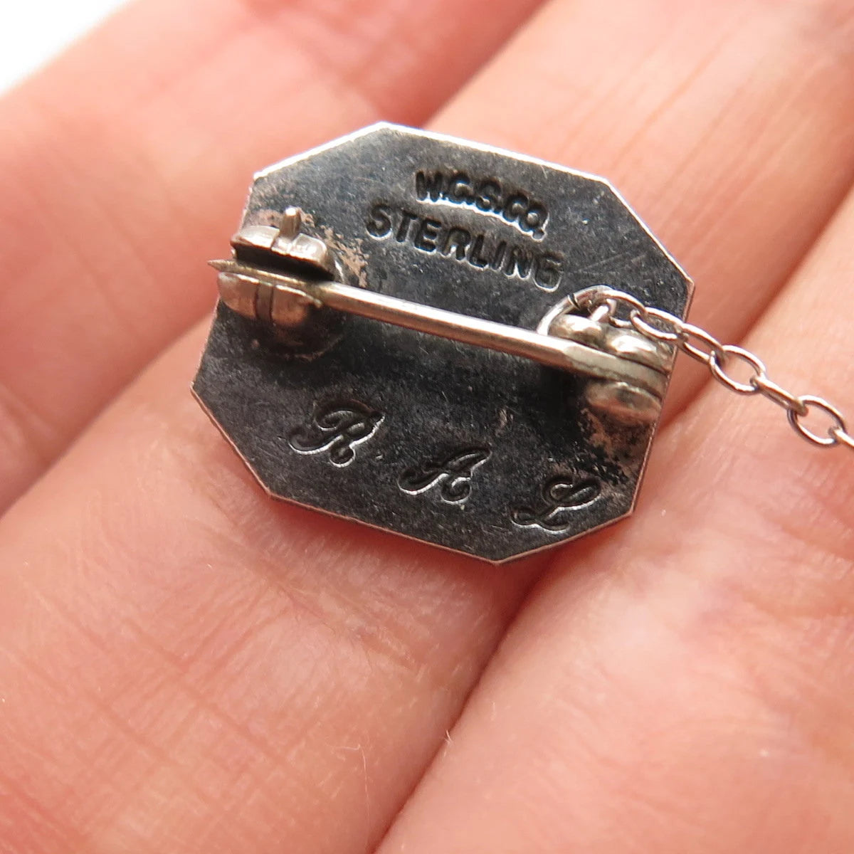 925 Sterling Silver Vintage W.C.S. Co. Ruiiner High School Pin Brooch w/ Chain