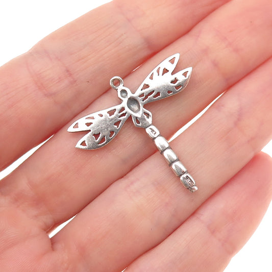 925 Sterling Silver Vintage Real Abalone Shell Dragonfly Oxidized Charm Pendant