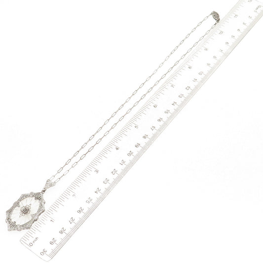 925 Sterling Antique Art Deco Rhinestone & Camphor Frosted Glass Necklace 18"
