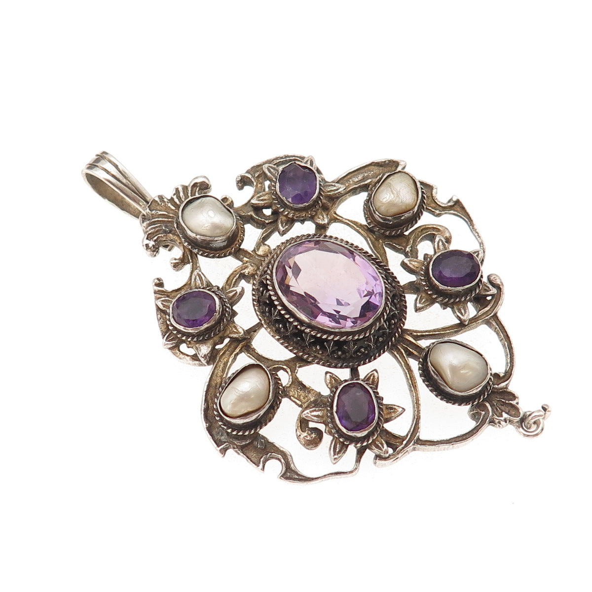 925 Sterling Silver Antique Victorian Real Amethyst & Pearl Oxidized Pendant