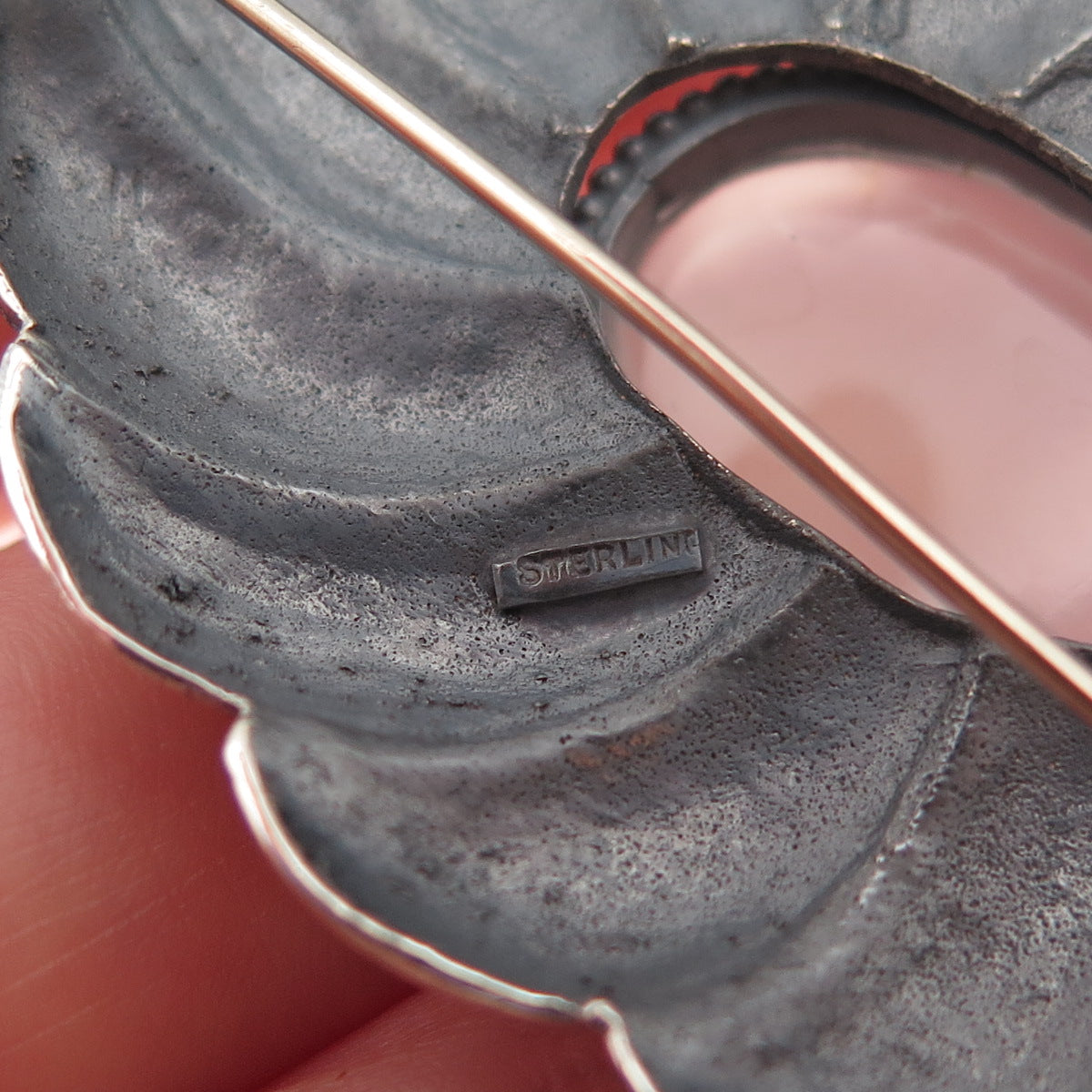 925 Sterling Silver Vintage Real Rose Quartz Modernist Oxidized Pin Brooch