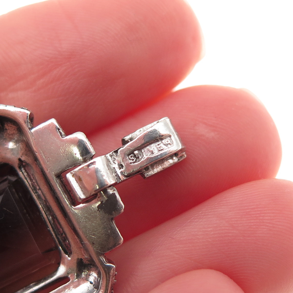 925 Sterling Silver Antique Art Deco Real Smoky Quartz & Marcasite Charm Pendant