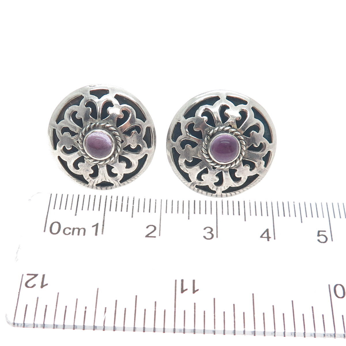 925 Sterling Silver Vintage Real Amethyst Gemstone Floral Ornate Earrings