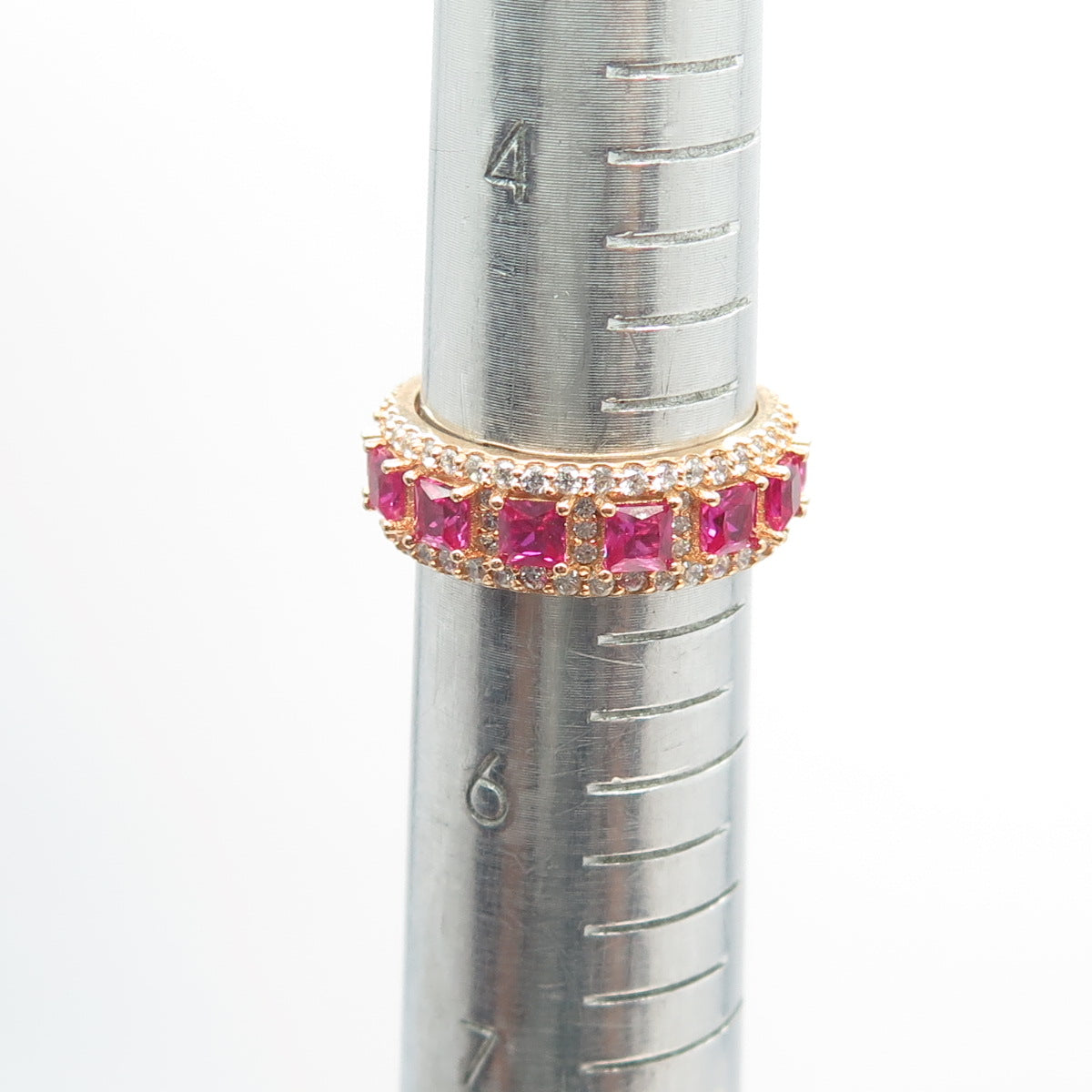 925 Sterling Silver Gold Plated Lab-Created Ruby & C Z Band Ring Size 5.25