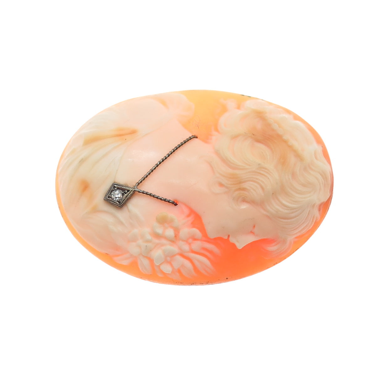 800 Silver Antique Real Round-Cut Diamond & MOP Victorian Lady Cameo