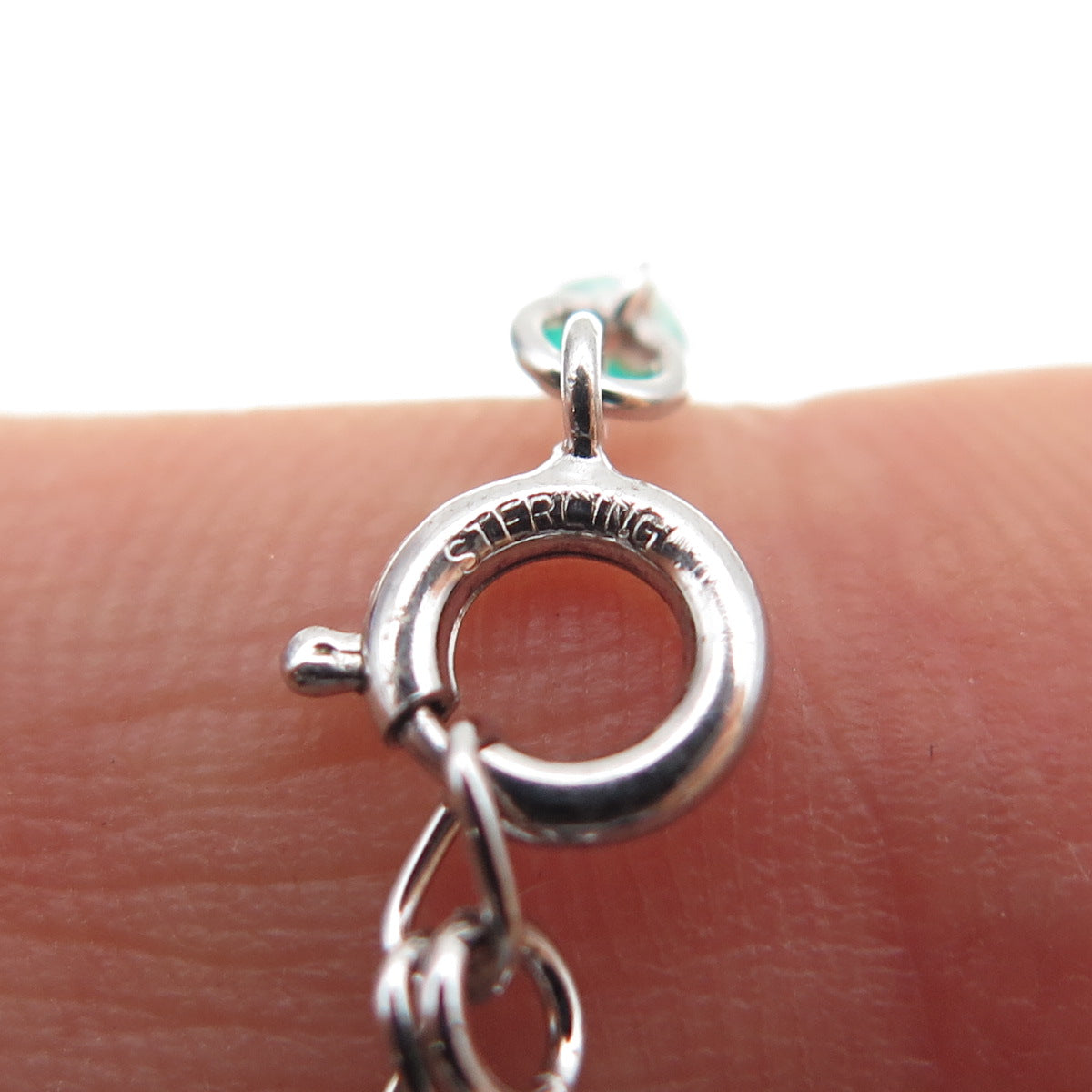 925 Sterling Silver Vintage Green Glass Beaded Chain Necklace 15-16"