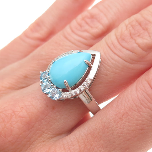 925 Sterling Silver Real Turquoise Blue & White Topaz Teardrop Ring Size 8.25