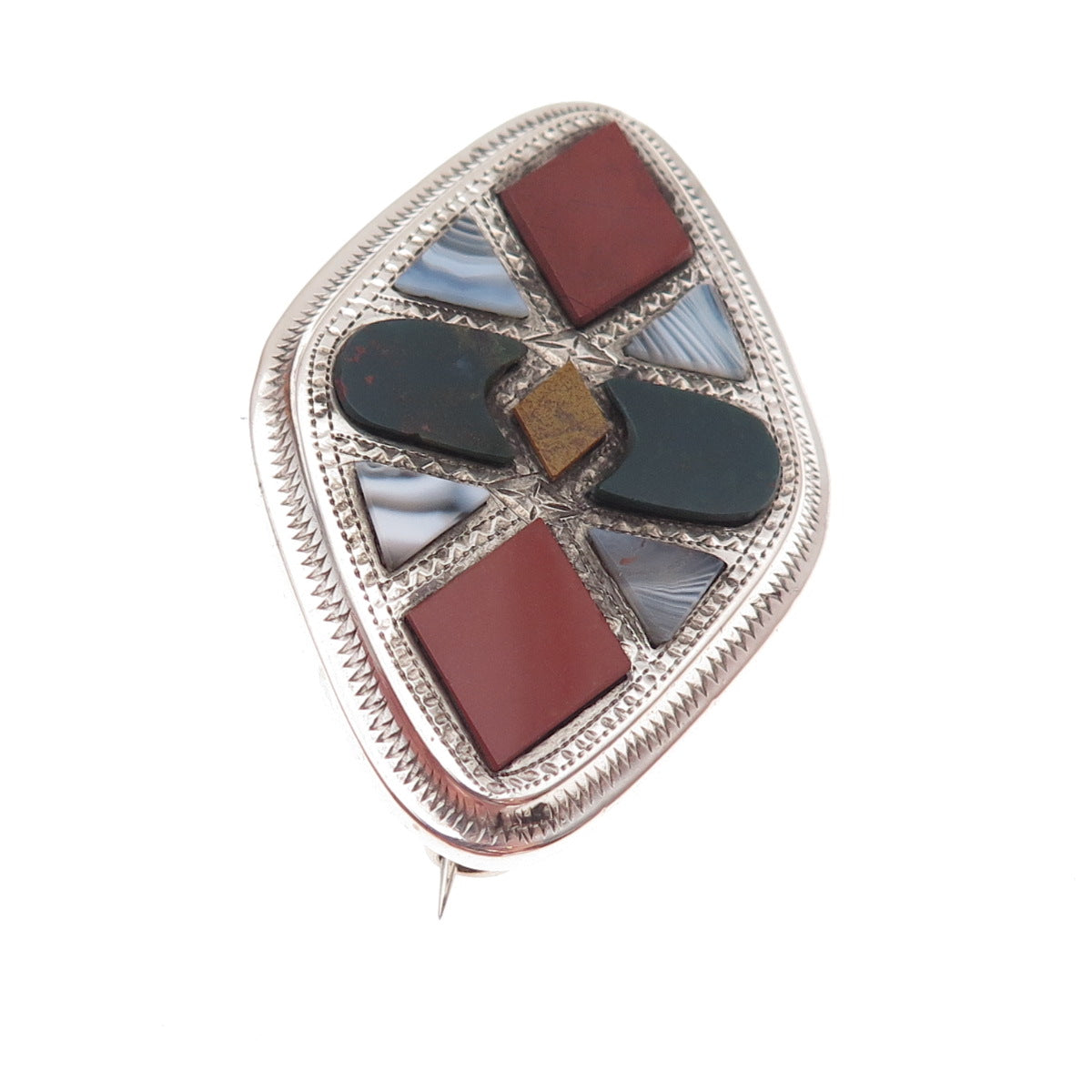 925 Sterling Silver Antique Scottish Real Bloodstone Agate Jasper Pin Brooch