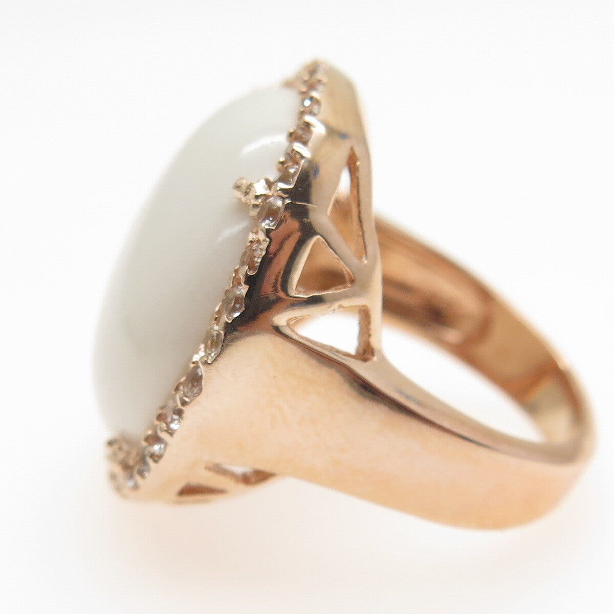 925 Sterling Silver Rose Gold Plated Real White Onyx & Topaz Ring Size 7.75