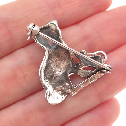 925 Sterling Silver Vintage Cat & Mouse Oxidized Pin Brooch