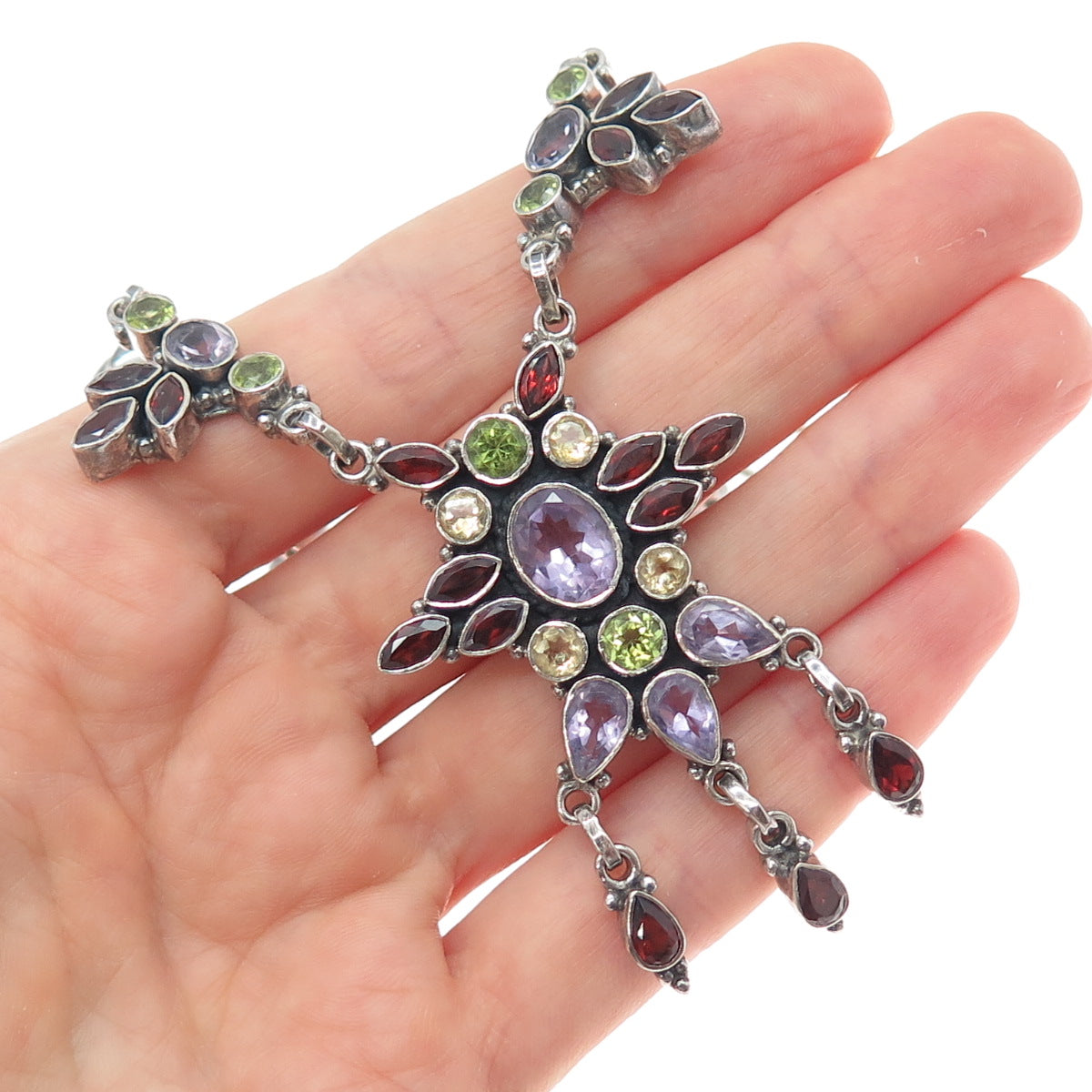 925 Sterling Silver Vintage Real Amethyst Peridot Garnet Citrine Necklace 16-18"