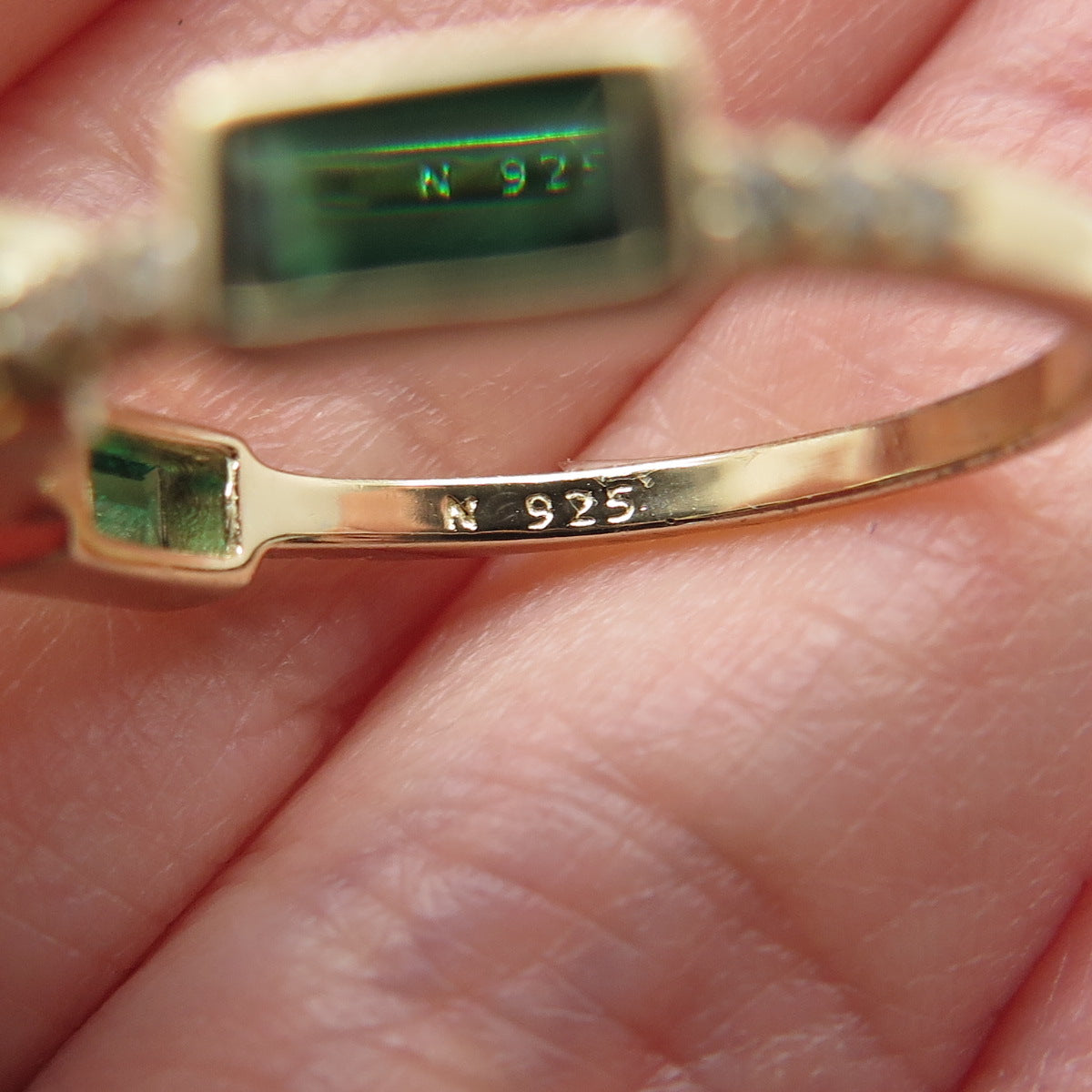 925 Sterling Silver Gold Plated Real Chrome Diopside & C Z Stackable Ring Size 7