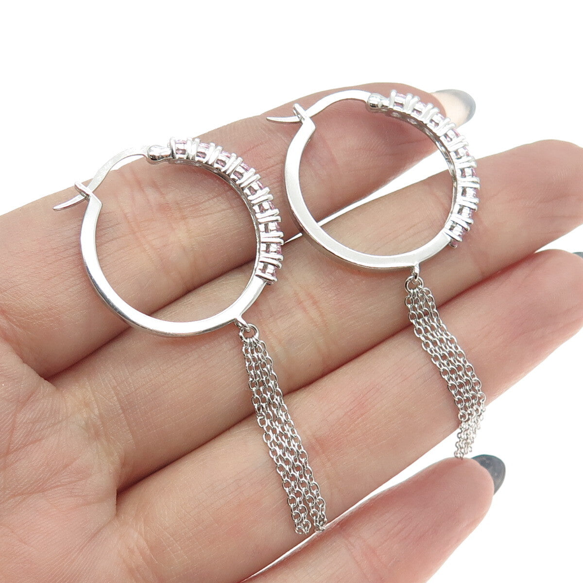 925 Sterling Silver Round-Cut Pink C Z Tassel Hoop Earrings