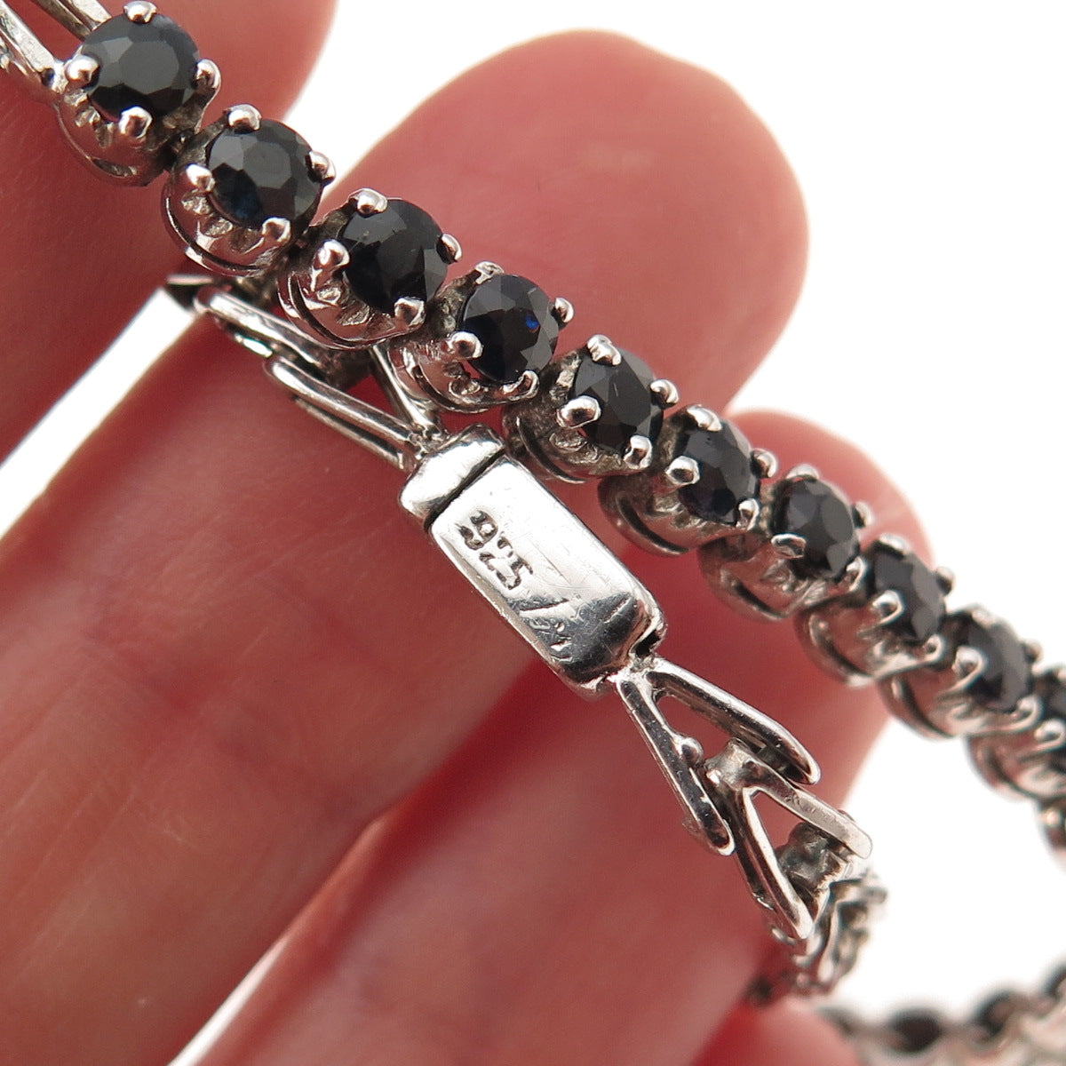 925 Sterling Silver Real Round-Cut Sapphire Tennis Link Bracelet 7"