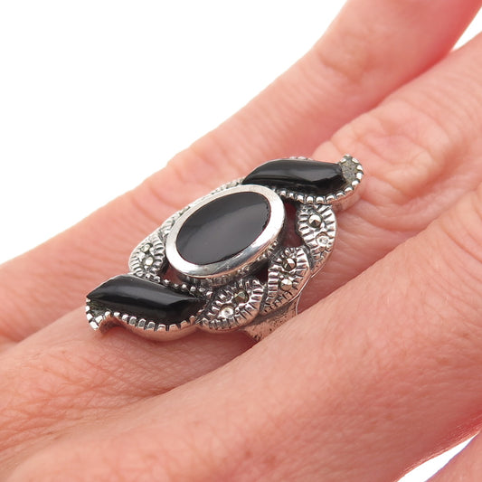 925 Sterling Silver Vintage Black Onyx Marcasite Ring Size 6 (missing 2 stones)