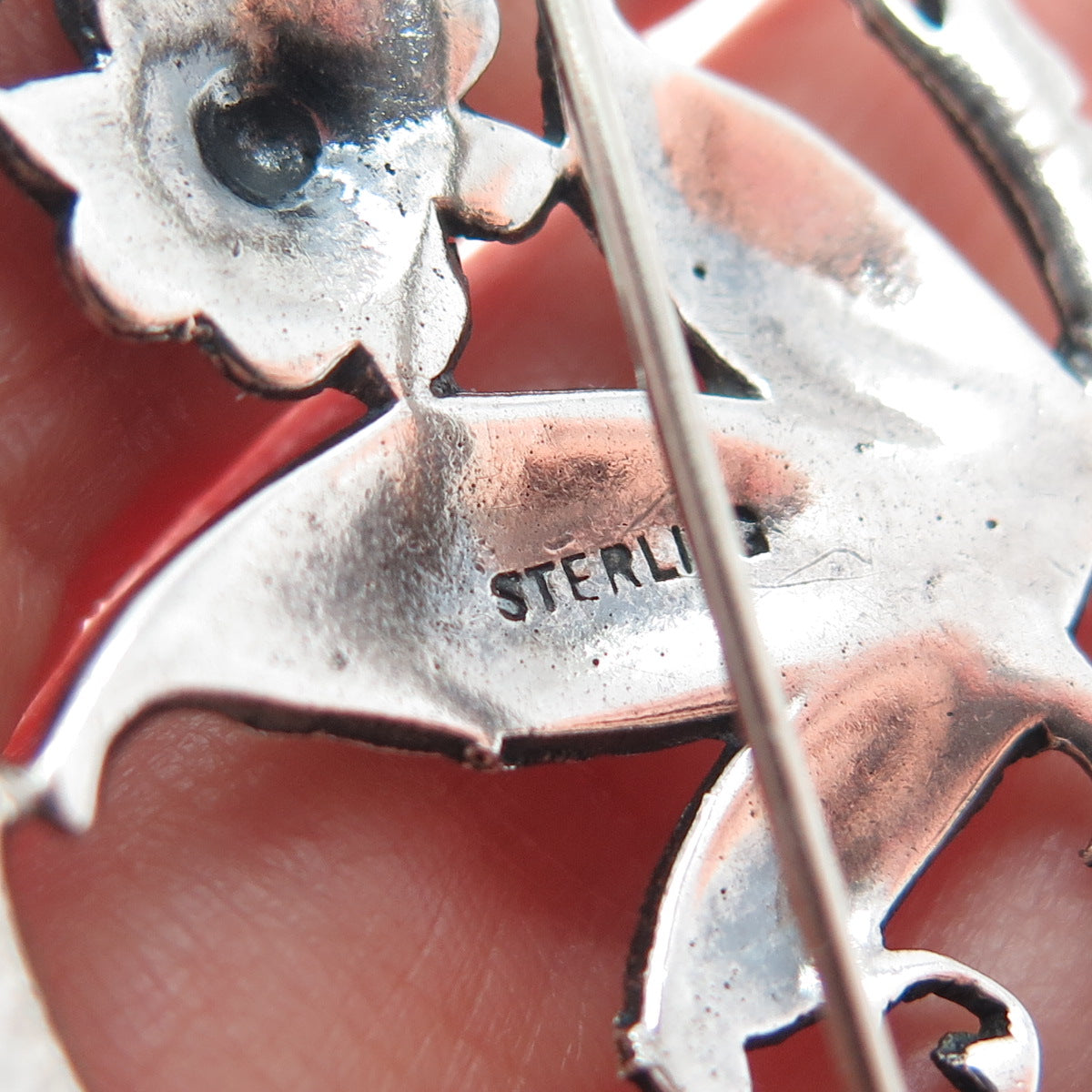 925 Sterling Silver Antique Art Deco Flower Oxidized Pin Brooch